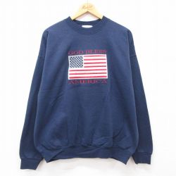 XL★古着 長袖 スウェット メンズ 00年代 00s 星条旗 刺繍 クルーネック 紺 ネイビー 24aug29 中古 スエット トレーナー トップス