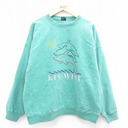 【50%OFF】XL★古着 長袖 トップス メンズ 90年代 90s キーウエスト イルカ 大きいサイズ コットン クルーネック 緑 グリーン 霜降り 24aug29 中古 スエット トレーナー