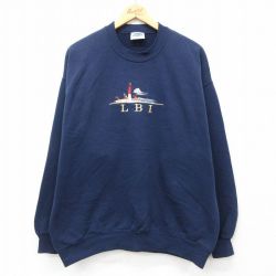 L★古着 長袖 スウェット メンズ 00年代 00s LBI 灯台 刺繍 クルーネック 紺 ネイビー 24aug31 中古 スエット トレーナー トップス