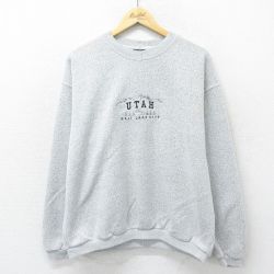 XL★古着 長袖 スウェット メンズ 90年代 90s ユタ 刺繍 クルーネック USA製 薄グレー 24sep04 中古 スエット トレーナー トップス