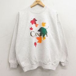 XL★古着 長袖 スウェット メンズ 90年代 90s 葉 クルーネック　カナダ製 薄グレー 霜降り 24sep09 中古 スエット トレーナー トップス