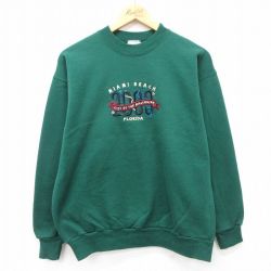 【50%OFF】M★古着 ヘインズ Hanes 長袖 スウェット メンズ 00年代 00s マイアミビーチ 刺繍 クルーネック 緑 グリーン 24sep10 中古 スエット トレーナー トップス