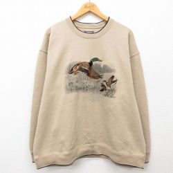 XL★古着 長袖 スウェット メンズ 鳥 刺繍 大きいサイズ クルーネック ベージュ他 カーキ 24sep10 中古 スエット トレーナー トップス