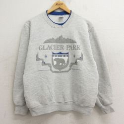 M★古着 ジャージーズ 長袖 スウェット メンズ 90年代 90s クマ グレイシャーパーク クルーネック 薄グレー 霜降り 24sep14 中古 スエット トレーナー トップス