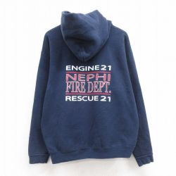 XL★古着 フルーツオブザルーム 長袖 スウェット パーカー メンズ 消防署 紺 ネイビー 24nov08 中古 スエット トレーナー トップス