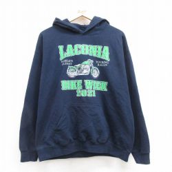 【50%OFF】XL★古着 長袖 スウェット パーカー メンズ バイクウィーク ラコニア 紺 ネイビー 24nov08 中古 スエット トレーナー トップス