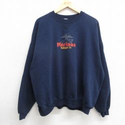 XL★古着 長袖 スウェット メンズ 00年代 00s ミリタリー マリーンズ 大きいサイズ クルーネック 紺 ネイビー 24nov09 中古 スエット トレーナー トップス