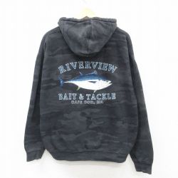 XL★古着 長袖 スウェット パーカー メンズ 魚 大きいサイズ 黒他 ブラック 24nov14 中古 スエット トレーナー トップス