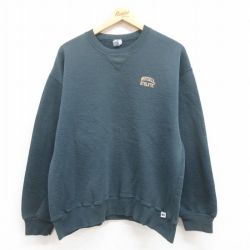 【20%OFF】L★古着 ラッセル 長袖 スウェット メンズ 00年代 00s ワンポイントロゴ クルーネック 緑 グリーン 25jul30 中古 スエット トレーナー トップス