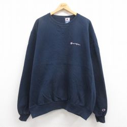 XL★古着 チャンピオン Champion 長袖 スウェット メンズ 90年代 90s ワンポイントロゴ 大きいサイズ クルーネック 紺 ネイビー 【spe】 25jul31 中古 スエット トレーナー トップス