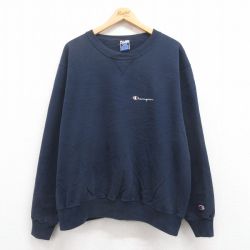 XL★古着 チャンピオン Champion 長袖 スウェット メンズ 90年代 90s ワンポイントロゴ 大きいサイズ クルーネック 紺 ネイビー 25jul31 中古 スエット トレーナー トップス