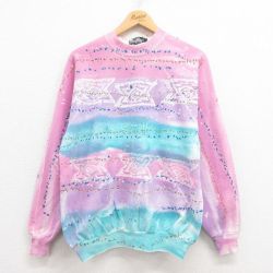L★古着 長袖 スウェット メンズ 90年代 90s ネイティブ柄 ラグ柄 ラグラン クルーネック USA製 ピンク他 25aug01 中古 スエット トレーナー トップス