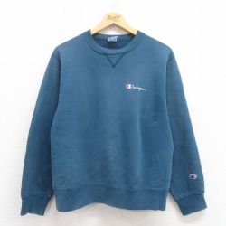 M★古着 チャンピオン Champion 長袖 スウェット メンズ 90年代 90s ワンポイントロゴ クルーネック USA製 濃青緑 25aug01 中古 スエット トレーナー トップス