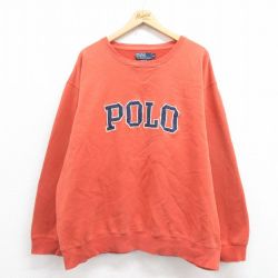 XL★古着 ラルフローレン Ralph Lauren 長袖 ブランド スウェット メンズ 90年代 90s ビッグロゴ 刺繍 大きいサイズ クルーネック オレンジ系 25aug21 中古 スエット トレーナー トップス