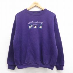 L★古着 長袖 スウェット メンズ 90年代 90s ディズニー DISNEY ミッキー MICKEY MOUSE 刺繍 クルーネック 紫 パープル 25aug21 中古 スエット トレーナー トップス