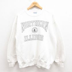【50%OFF】L★古着 長袖 スウェット メンズ 90年代 90s イリノイ カレッジ クルーネック USA製 白 ホワイト 25aug23 中古 スエット トレーナー トップス