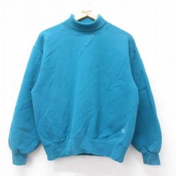 M★古着 ラッセル 長袖 スウェット メンズ 90年代 90s 無地 タートルネック ハイネック USA製 青緑 25aug27 中古 スエット トレーナー トップス