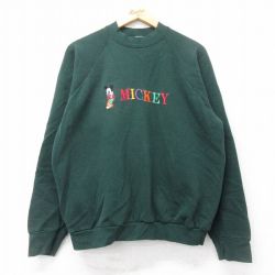 【50%OFF】L★古着 フルーツオブザルーム 長袖 スウェット メンズ 90年代 90s ディズニー DISNEY ミッキー MICKEY MOUSE 刺繍 ラグラン クルーネック USA製 緑 グリーン 25aug27 中古 スエット トレーナー トップス