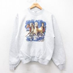 M★古着 ジャージーズ 長袖 スウェット メンズ 00年代 00s 馬 クルーネック 薄グレー 霜降り 25sep03 中古 スエット トレーナー トップス