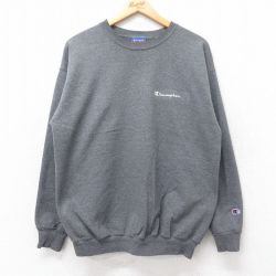L★古着 チャンピオン champion 長袖 スウェット メンズ 00年代 00s ワンポイントロゴ クルーネック 濃グレー 霜降り 25sep03 中古 スエット トレーナー トップス