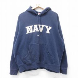 XL★古着 ナイキ NIKE 長袖 スウェット パーカー メンズ ビッグロゴ 刺繍 紺 ネイビー 25sep03 中古 スエット トレーナー トップス