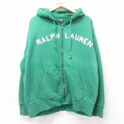 XL★古着 ラルフローレン Ralph Lauren ポロジーンズ 長袖 フルジップ スウェット パーカー メンズ ビッグロゴ 大きいサイズ 緑 グリーン 25sep03 中古 スエット トレーナー トップス