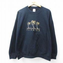 XL★古着 長袖 ビンテージ スウェット メンズ 00年代 00s ヤシの木 刺繍 フロリダ 大きいサイズ クルーネック 黒 ブラック 25sep04 中古 スエット トレーナー トップス