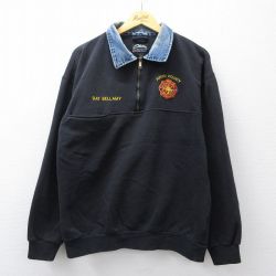XL★古着 長袖 ハーフジップ スウェット メンズ 消防署 ヒジ当て 襟デニム 黒 ブラック 25sep04 中古 スエット トレーナー トップス