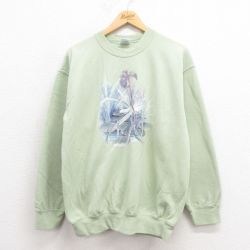 L★古着 長袖 スウェット メンズ 00年代 00s 花 トンボ クルーネック 緑系 グリーン 25sep05 中古 スエット トレーナー トップス