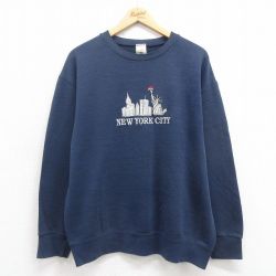 L★古着 フルーツオブザルーム 長袖 スウェット メンズ 00年代 00s ニューヨーク 刺繍 クルーネック 紺 ネイビー 25sep05 中古 スエット トレーナー トップス