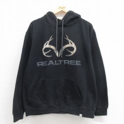 XL★古着 長袖 スウェット パーカー メンズ ビッグロゴ リアルツリー 黒 ブラック 25sep06 中古 スエット トレーナー トップス