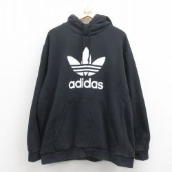 XL★古着 アディダス adidas 長袖 スウェット パーカー メンズ ビッグロゴ リーフ トレフォイル 黒 ブラック 25sep06 中古 スエット トレーナー トップス
