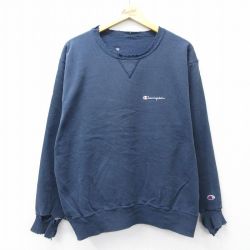 XL★古着 チャンピオン champion 長袖 スウェット メンズ ワンポイントロゴ ボロ クルーネック 紺 ネイビー 25sep08 中古 スエット トレーナー トップス