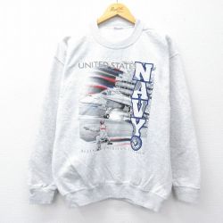 L★古着 長袖 スウェット メンズ ミリタリー ネイビー クルーネック 薄グレー 霜降り 25sep08 中古 スエット トレーナー トップス