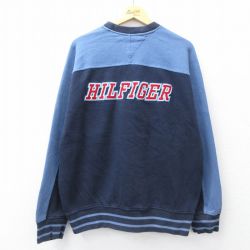 XL★古着 トミーヒルフィガー TOMMY HILFIGER 長袖 ブランド スウェット メンズ 90年代 90s ビッグロゴ ツートンカラー 大きいサイズ クルーネック 紺他 ネイビー 25sep08 中古 スエット トレーナー トップス