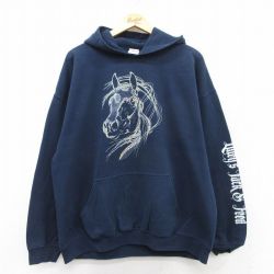 XL★古着 長袖 スウェット パーカー メンズ 馬 紺 ネイビー 25sep09 中古 スエット トレーナー トップス