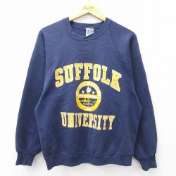 M★古着 長袖 スウェット メンズ 90年代 90s SUFFOLK カレッジ ラグラン クルーネック USA製 紺 ネイビー 25sep11 中古 スエット トレーナー トップス