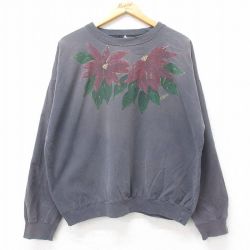 XL★古着 長袖 トップス メンズ 90年代 90s 花 ハンドペイント コットン クルーネック USA製 濃グレー 25sep12 中古 スエット トレーナー