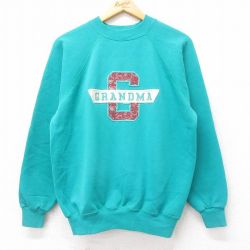 L★古着 ヘインズ Hanes 長袖 スウェット メンズ 90年代 90s GRANDMA 刺繍 ラグラン クルーネック USA製 青緑 25sep12 中古 スエット トレーナー トップス