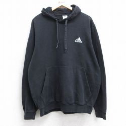 XL★古着 アディダス adidas 長袖 スウェット パーカー メンズ ワンポイントロゴ 黒 ブラック 25sep12 中古 スエット トレーナー トップス