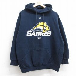【20%OFF】L★古着 リーボック REEBOK 長袖 スウェット パーカー メンズ NHL バッファローセイバーズ 紺 ネイビー アイスホッケー 25sep12 中古 スエット トレーナー トップス