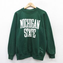 L★古着 長袖 スウェット メンズ 80年代 80s ミシガン ラグラン クルーネック USA製 緑 グリーン 25sep13 中古 スエット トレーナー トップス
