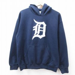 L★古着 長袖 スウェット パーカー メンズ 00年代 00s MLB デトロイトタイガース 紺 ネイビー メジャーリーグ ベースボール 野球 25sep13 中古 スエット トレーナー トップス