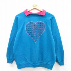 L★古着 ヘインズ Hanes 長袖 スウェット メンズ 80年代 80s ハート ラグラン 襟付き USA製 青緑系他 25sep13 中古 スエット トレーナー トップス