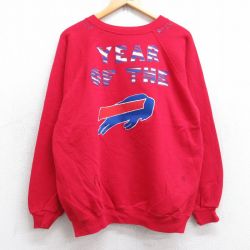 L★古着 ヘインズ Hanes 長袖 スウェット メンズ 80年代 80s NFL バッファロービルズ ラグラン ハンドペイント クルーネック USA製 赤 レッド アメフト スーパーボウル 25sep13 中古 スエット トレーナー トップス
