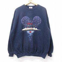 XL★古着 長袖 スウェット メンズ 00年代 00s ディズニー DISNEY CRUISE LINE ビーズ クルーネック 紺 ネイビー 25sep16 中古 スエット トレーナー トップス