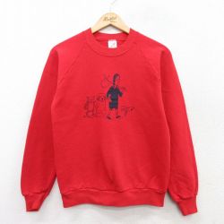 S★古着 ジャージーズ 長袖 スウェット メンズ 80年代 80s 女の子 犬 ネコ ラグラン クルーネック USA製 赤 レッド 25sep16 中古 スエット トレーナー トップス