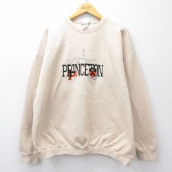 XL★古着 長袖 スウェット メンズ 90年代 90s PRINCETON 刺繍 大きいサイズ クルーネック USA製 ベージュ カーキ 【spe】 25sep17 中古 スエット トレーナー トップス