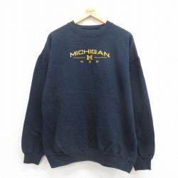 XL★古着 長袖 スウェット メンズ 00年代 00s ミシガン 刺繍 大きいサイズ クルーネック 紺 ネイビー 25sep17 中古 スエット トレーナー トップス