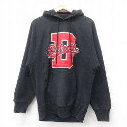 M★古着 STEVE&BARRYS 長袖 スウェット パーカー メンズ Detroit 刺繍 黒 ブラック 25sep17 中古 スエット トレーナー トップス